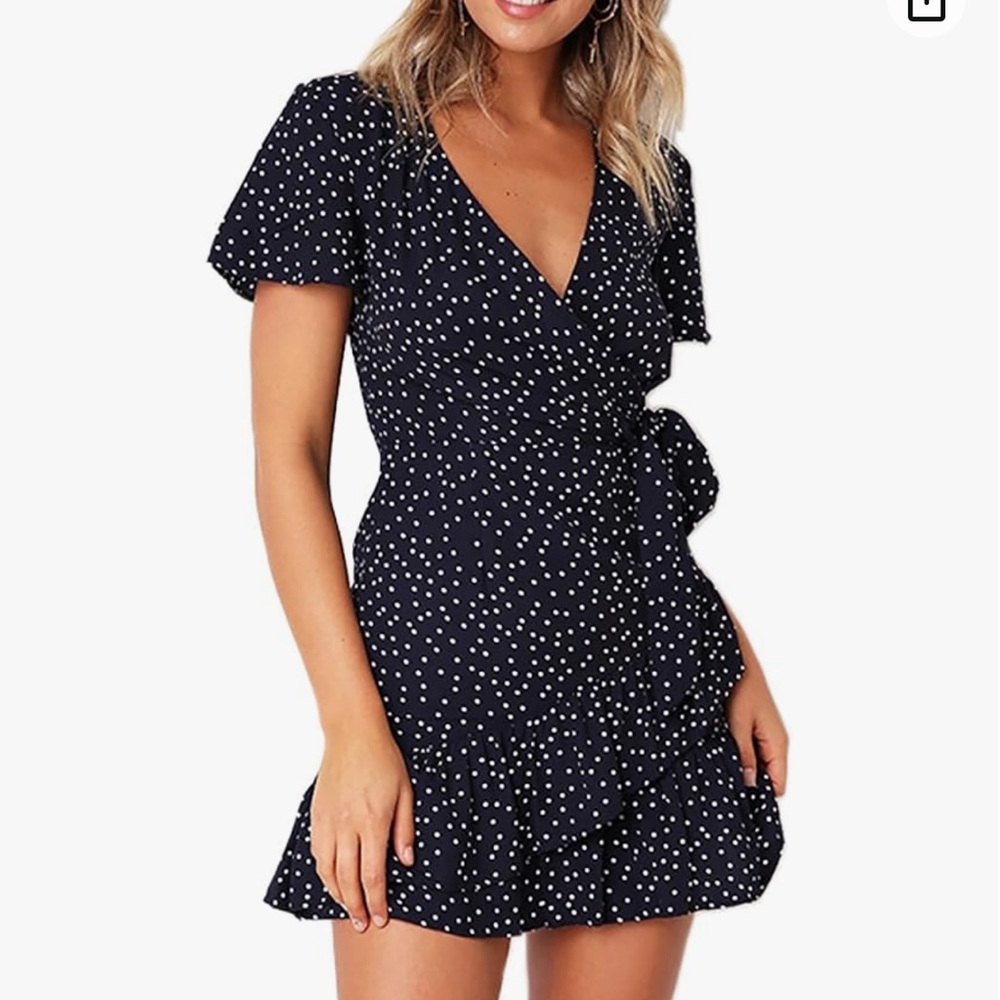 Navy polka dot wrap dress